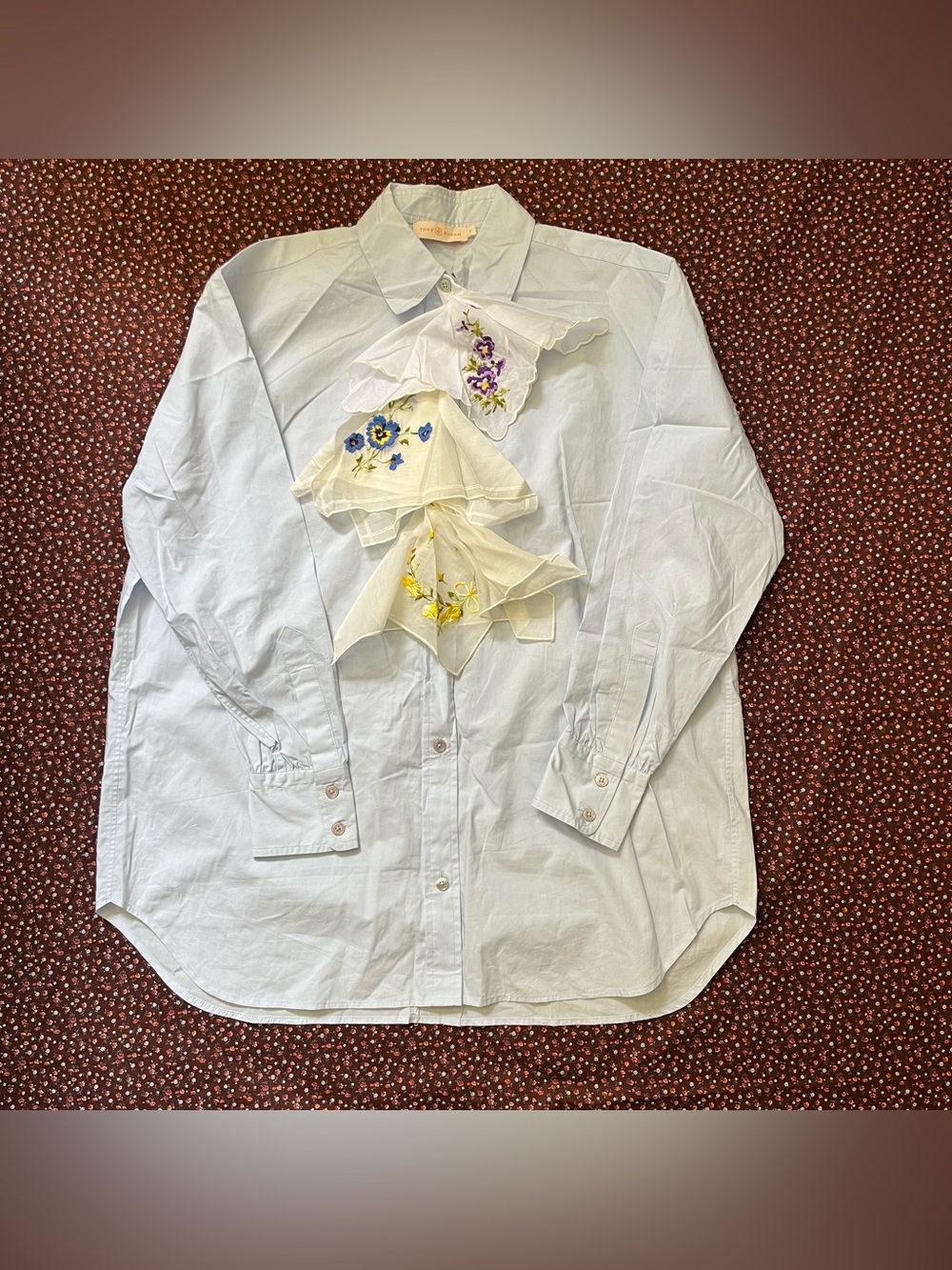 Tory Burch Light Blue Button-Up Shirt with Floral Handkerchiefs